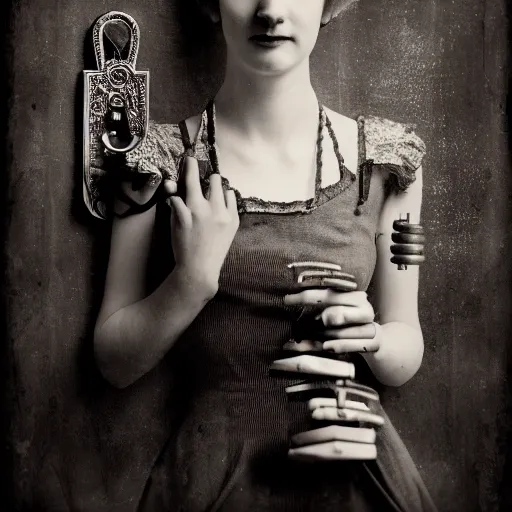 Image similar to old monochrom portrait photography of a beautiful girl holding old keys in her hand, many vintage locks on the walls, in a victorian decor, by man ray, alfred ghisoland, gemmy woud - binendijk, erwin olaf, 4 k,