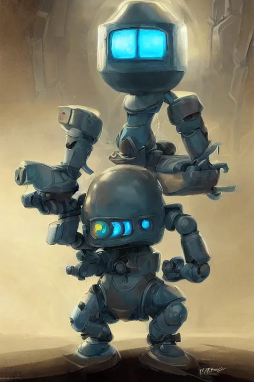 Prompt: cute little robot with a plasma machine gun, tiny, small, miniature , short, pale blue armor, cute and adorable, pretty, beautiful, DnD character art portrait, matte fantasy painting, DeviantArt Artstation, by Jason Felix by Steve Argyle by Tyler Jacobson by Peter Mohrbacher, cinematic lighting