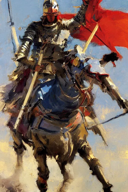 Prompt: close - up portrait of colorful rider pointing jousting lance at camera, caparisons, chainmail, by greg manchess, bernie fuchs, ruan jia, walter everett