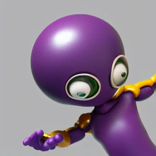 Image similar to photo of a comically tiny clay model of character with large spherical purple head and large childlike eyes with comically tiny body and spindly limbs leans close to the camera, fish eye lens, 4 k, hyper realistic, hyper detailed face, octane render, comedic, cute