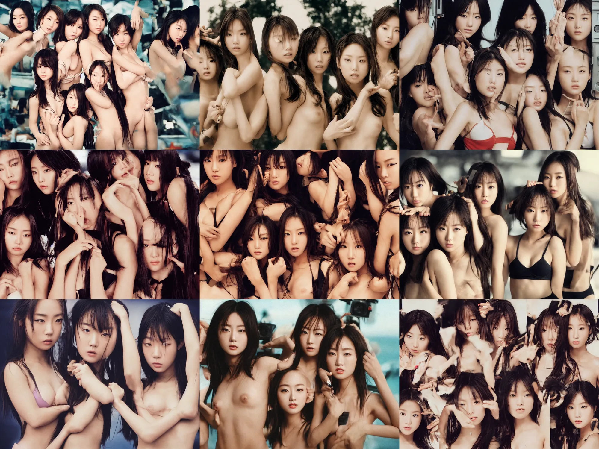 Prompt: Worksafe.2000s,8K HD incredible movie shot,very close-up faces of two young beautiful gorgeous cute Japanese actresses supermodels J-Pop idol girls posing,wearing bikini bra.High budget Hollywood movie.At Behance and Instagram,taken with polaroid kodak portra.Photoshop,Adobe Lightroom,After Effects