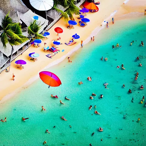 Image similar to photograph beachscapes from an almost perpendicular angle, Aerial view of sandy beach with umbrellas and sea, Aerial of a crowded sandy beach with colourful umbrellas, sun bathers and swimmers during summer, by Tommy Clarke