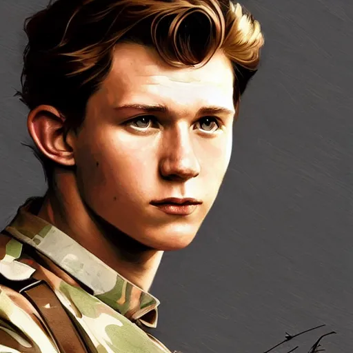 Image similar to Portrait of Tom Holland as a military officer, intricate, headshot, highly detailed, digital painting, artstation, concept art, sharp focus, cinematic lighting, illustration, art by artgerm and greg rutkowski, alphonse mucha, cgsociety