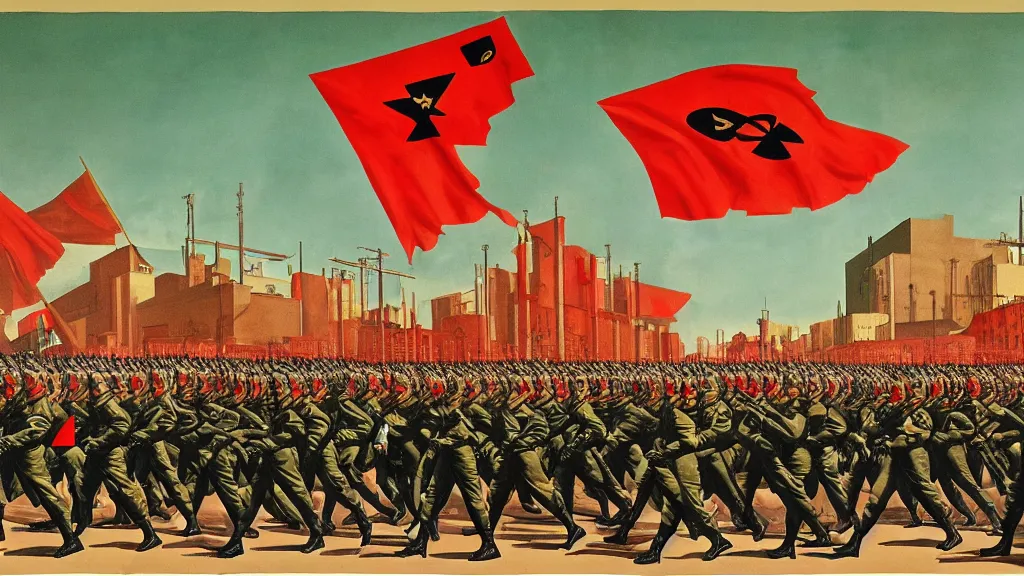 Prompt: army parade glorious march, futuristic alternate timeline, anarcho - communist hordes, red and black flags, modernist factories in background, art by max ernst, cnt spanish civil war era propaganda, extremely detailed, 4 k