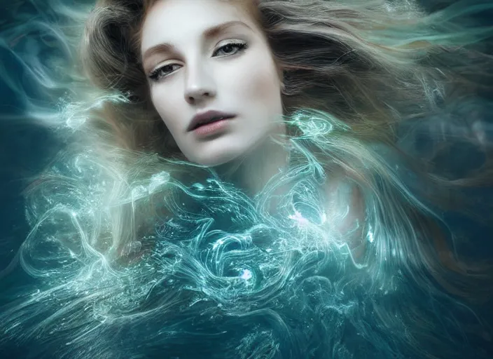 Prompt: an elegant goddess with luminous hair, flowing lightpainting swirling around her, highly detailed, ultrafine hyperrealistic detailed face, photorealistic, surrounded by lake, reflections, smooth, sharp focus, ultrawide, art by irakli nadar and lindsay adler and dani olivier and michael bosanko