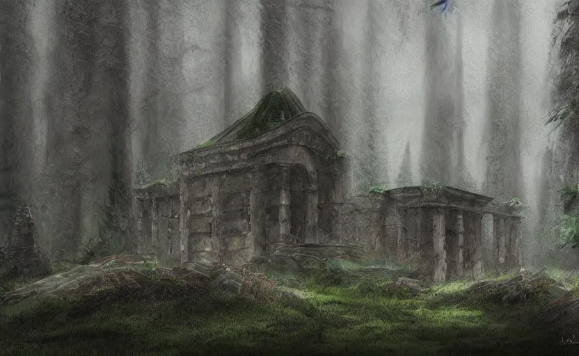 Prompt: mausoleum ruins, fir forest, rain, fog, megaliths, highly detailed, digital painting, architecture, artstation, concept art, sharp focus, illustration