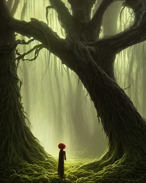 Image similar to highly detailed surreal vfx portrait of a cursed monster in a shadowy forest by a willow tree, stephen bliss, unreal engine, greg rutkowski, loish, rhads, beeple, makoto shinkai and lois van baarle, ilya kuvshinov, rossdraws, tom bagshaw, alphonse mucha, global illumination, detailed and intricate environment