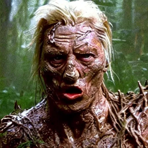 Image similar to cinematic still of sir david attenborough, covered in mud and standing in front!!!! of the predator!!!!! in 1 9 8 7 movie predator hd, 4 k