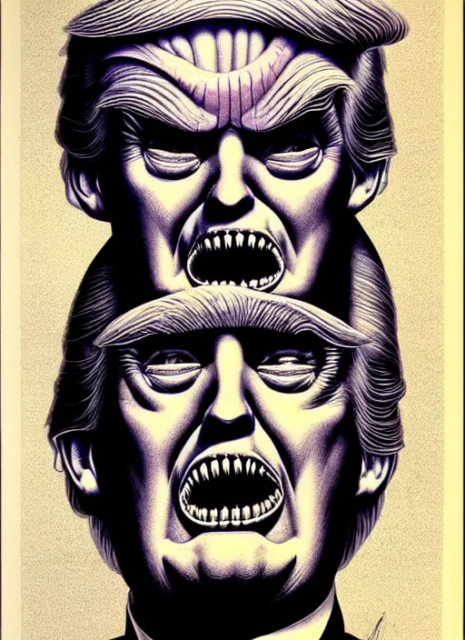 Image similar to donald trump's grotesque true form revealed, horror, high details, intricate details, by vincent di fate, artgerm julie bell beeple, 1 9 8 0 s, inking, vintage 8 0 s print, screen print