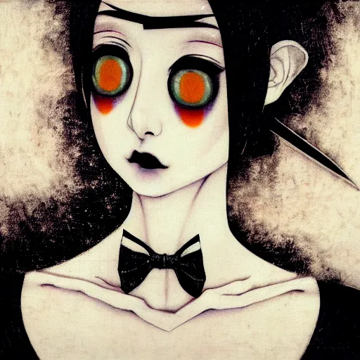 Image similar to yoshitaka amano blurred and dreamy realistic three quarter angle portrait of a young woman with black lipstick and black eyes wearing dress suit with tie, junji ito abstract patterns in the background, satoshi kon anime, noisy film grain effect, highly detailed, renaissance oil painting, weird portrait angle, blurred lost edges