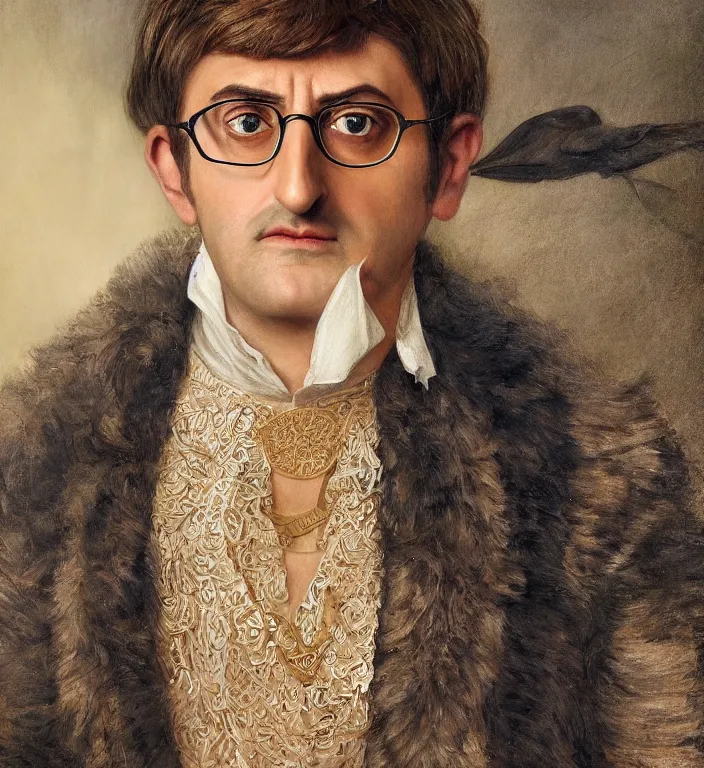 Prompt: a breathtakingly stunningly beautifully highly detailed portrait of a majestic louis theroux, by rosetti and devinci and michael cheval and sidney cooper and turner, 4 k