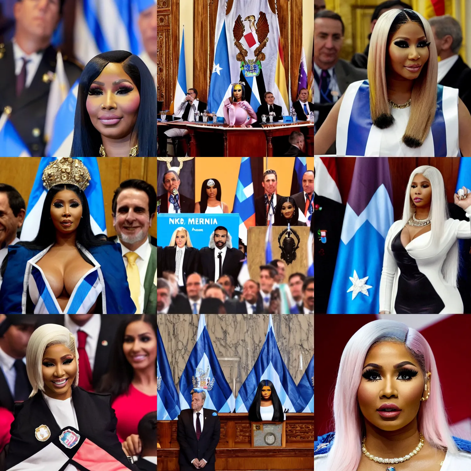 Image similar to Nicki Minaj as the president of Argentina, in the Argentine Congress, wearing presidential band, flags of Argentina behind, detailed picture