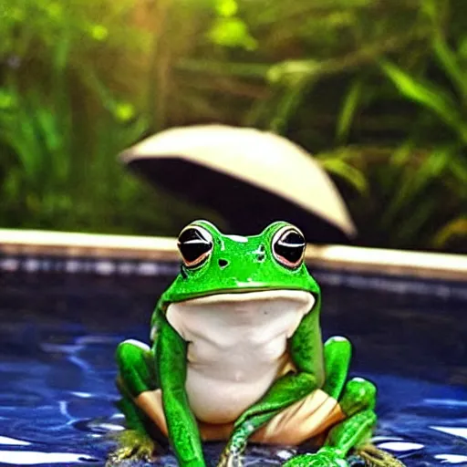 Image similar to An old photo of a sophisticated frog in a nice suit, he is chilling in a pool