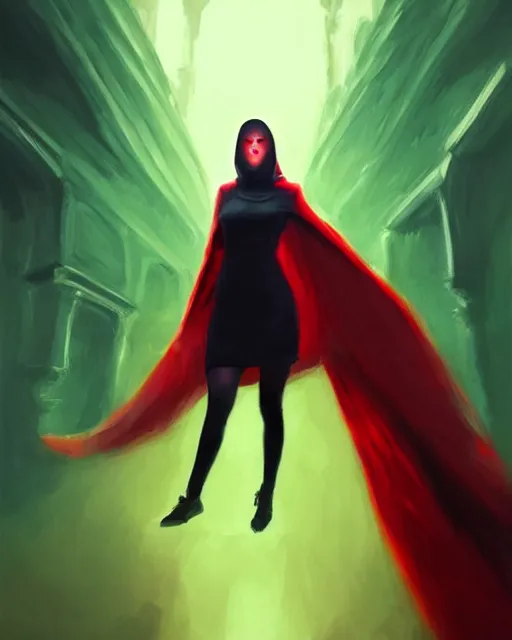 Image similar to Mandy Jurgens art, Irina French art, cinematics lighting, beautiful Anna Kendrick supervillain, green dress with a black hood, angry, symmetrical face, Symmetrical eyes, full body, flying in the air over city, night time, red mood in background