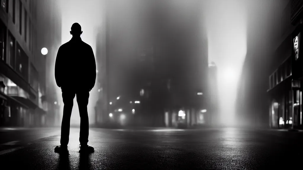 Prompt: full face portrait a man is standing on the street under the lights, fog, volumetric lighting, mystique, atmospheric, sharp focus, ultra detailed, noir art house, 4 k, cinematic, 3 5 mm