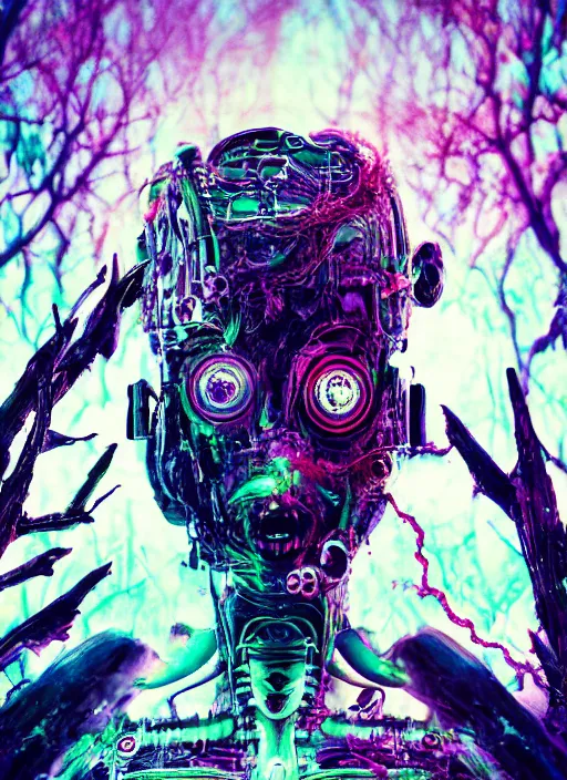 Image similar to a small psychedelic surreal horror cyborg in the chaotic spirit forest, fulcolor octane reminder, cinematic, ultra - realistic
