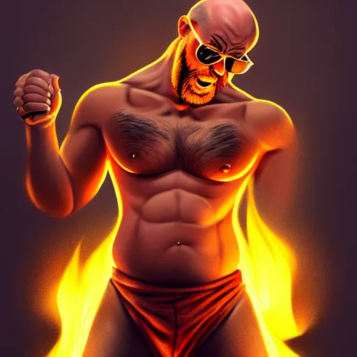 Image similar to bald boxer with chest tattoos with van dyke black beard on fire, digital art, cinematic, concept art, 8k, painting, imaginefx, cgsociety, syd mead, trending on artstation, wide shot, full shot