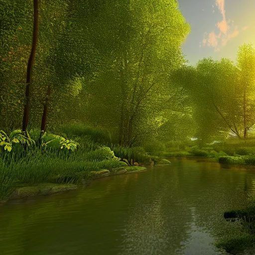 Image similar to river in a forest, golden hour, ray tracing reflection, 8k, hyper realistic, insainly detailed, hdr, octan render,