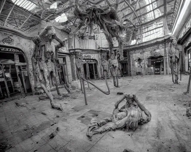 Image similar to camera footage of weeping angels with horns, False Human Features, Phasing through floor in an abandoned shopping mall, Psychic Mind flayer, Terrifying, Insanity :7 , high exposure, dark, monochrome, camera, grainy, CCTV, security camera footage, timestamp, zoomed in, Feral, fish-eye lens, Fast, Radiation Mutated, Nightmare Fuel, Ancient Evil, No Escape, Motion Blur, horrifying, lunging at camera :4 bloody dead body, blood on floors, windows and walls :5