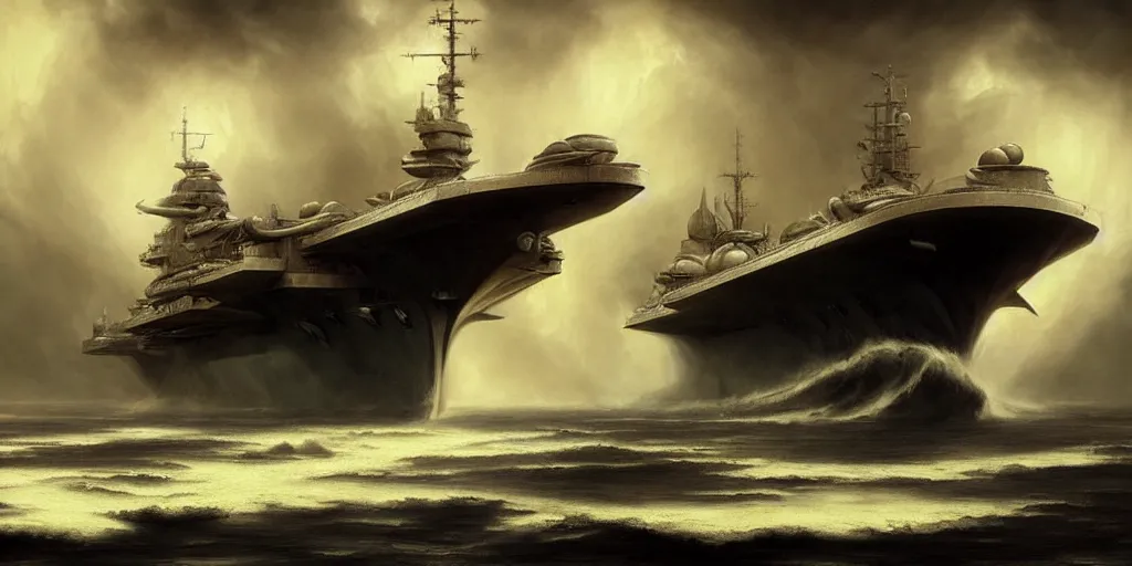 Image similar to a viking style aircraft carrier, by Rolf Armstrong and Evelyn De Morgan and Bastien Lecouffe-Deharme, dramatic lighting, high contrast colors, baroque, empyrean, panoramic view, as trending on Artstation, highly detailed, doom engine,