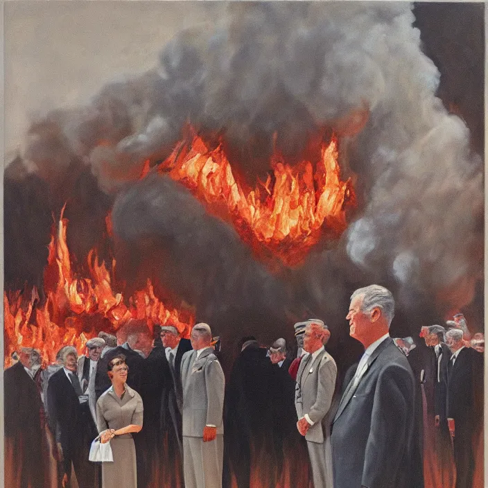 Image similar to United States President viewing the Capital Burn, 1958, Oil on Canvas, Antiwar, full body, dramatic, digital art