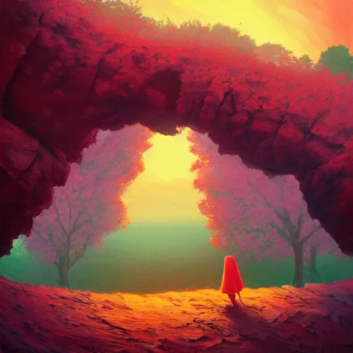 Image similar to giant cherry tree as a head, girl walking in a canyon, surreal photography, sunrise, dramatic light, impressionist painting, colorful clouds, digital painting, artstation, simon stalenhag