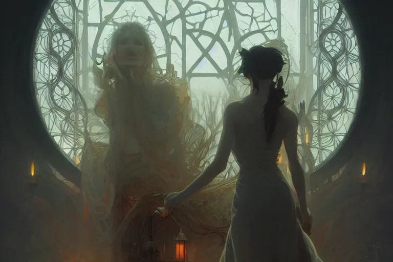 Image similar to fear is the mindkiller, fog, volumetric lighting, intricate, elegant, highly detailed, digital painting, artstation, concept art, smooth, sharp focus, art nouveau, art by artgerm and greg rutkowski and alphonse mucha