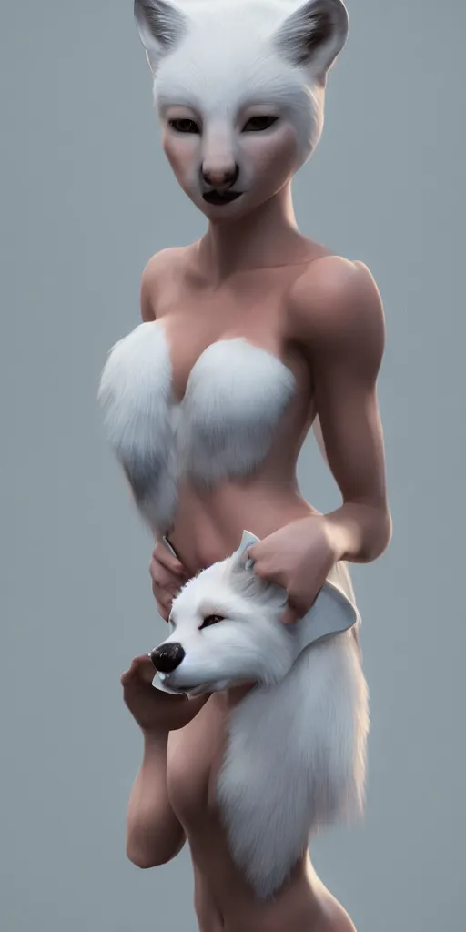 Image similar to portrait of a beautiful white fox with an appealing female body, trending on artstation, corona render