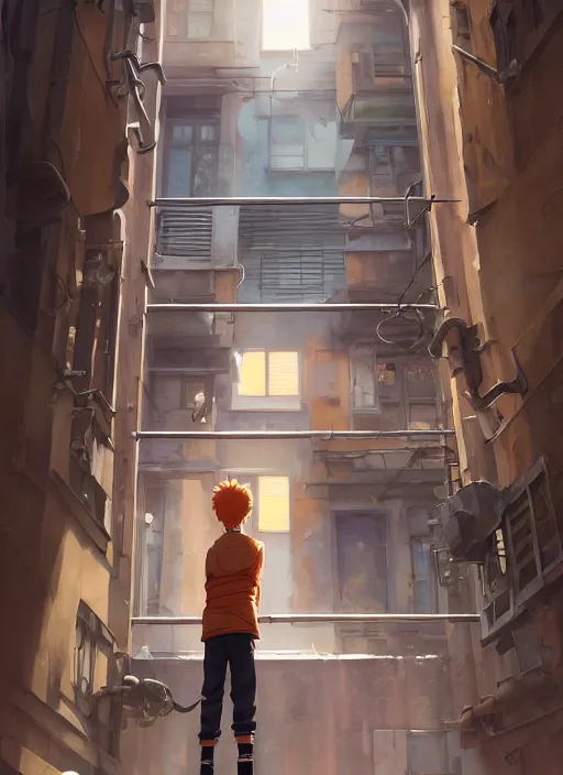 Image similar to highly detailed krillin standing outside building with a window with metal bars and naruto uzumaki with black hair behind them art by greg rutkowski, loish, rhads, ferdinand knab, makoto shinkai and lois van baarle, ilya kuvshinov, rossdraws, tom bagshaw, global illumination, radiant light, detailed and intricate environment