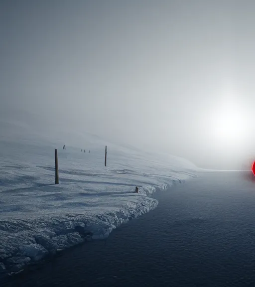 Image similar to the tiny red light in the antartic fog, majestic light, octane render, beauty fog, ethereal glare of the sun, hyperrealistic, epic, masterpiece