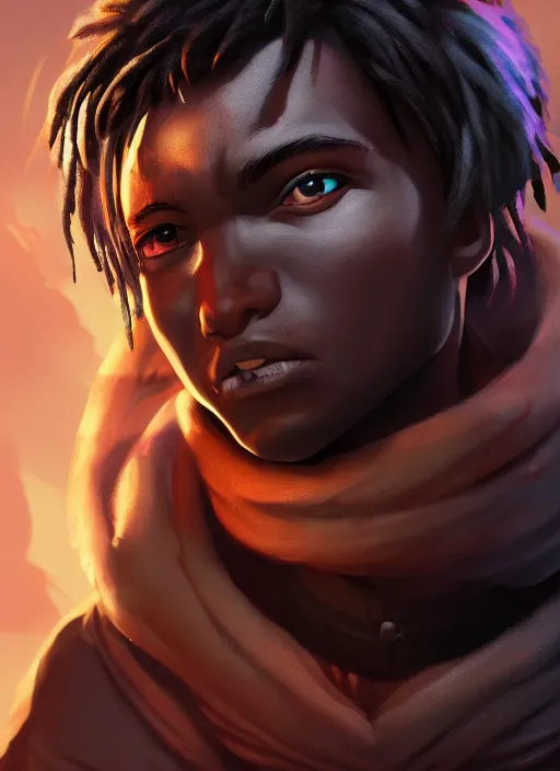 Image similar to An epic fantasy comic book style portrait painting of a small dark skinned boy thief, unreal 5, DAZ, hyperrealistic, octane render, cosplay, RPG portrait, dynamic lighting