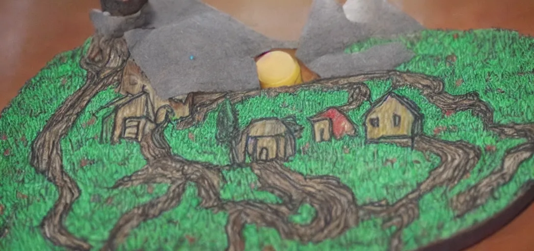 Prompt: The Shire poorly drawn in wax crayon by a five-year old