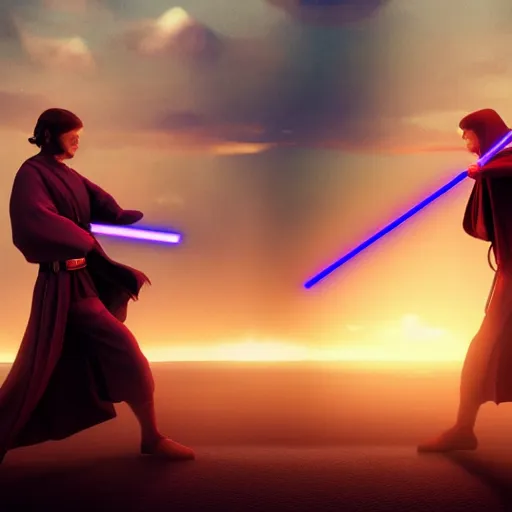 Prompt: Jedi duelling, 4k, cinematic, realistic, vaporwave