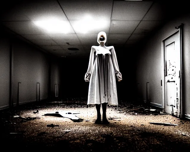 Prompt: creepy mangled woman wearing white dress standing in the backrooms, the eerie forlorn atmosphere of a place that's usually bustling with people but is now abandoned and quiet, buzzing fluorescent lights above the ceiling, unsettling images, liminal space, dark,