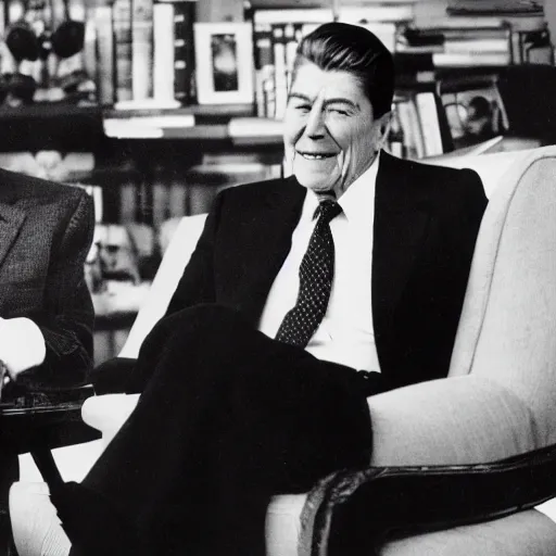 Image similar to [ ronald reagan sitting in chair next to tiger ]