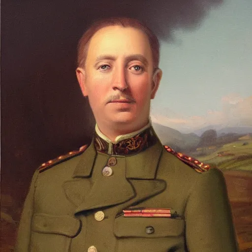 Prompt: official Portrait of a man in khaki uniform with countryside behind him. Highly detailed oil painting.