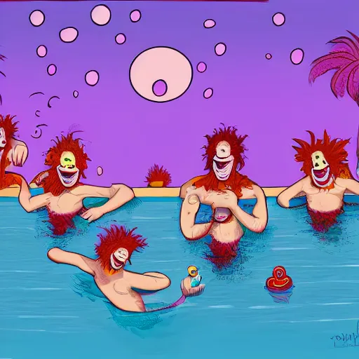 Prompt: Clowns chilling out by the pool. The sky is red and the water is purple. They are surrounded by orcs. DeviantART image.
