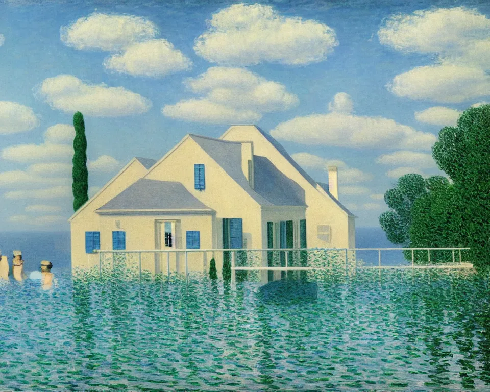 Prompt: achingly beautiful painting of a sophisticated, well - decorated, modern poolhouse by rene magritte, monet, and turner.