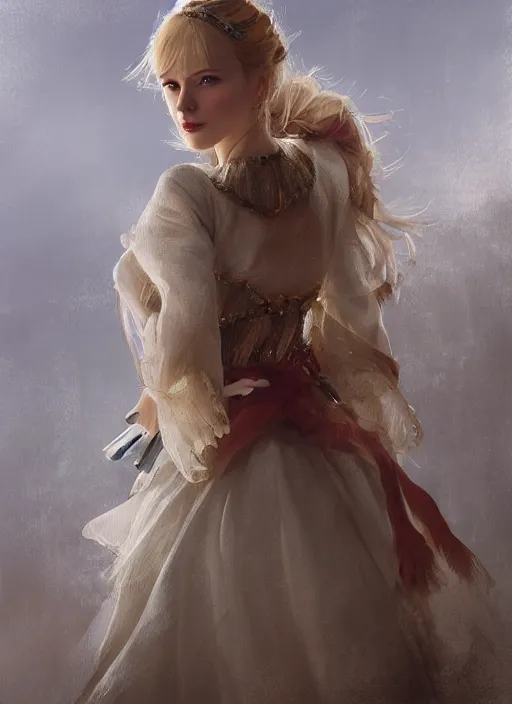 Image similar to a professional painting of an russian young blonde girl intricate, wearing russian ancient folk dress, elegant, digital painting, concept art, smooth, sharp focus, finely detailed illustration, beautifully framed, from Metal Gear, in the style of Artgerm and Greg Rutkowski and William-Adolphe Bouguerea