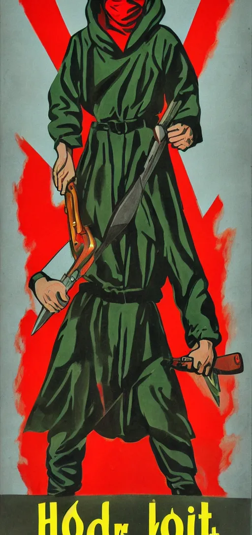 Image similar to man in hood and red eyes with a knife, 1940s propaganda poster, full hd,highly detailed