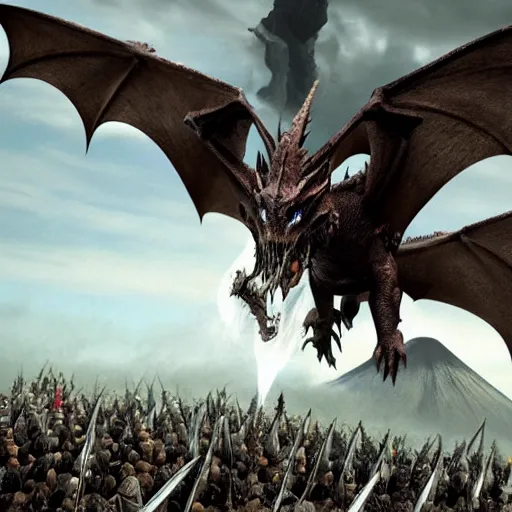 Prompt: 100 dragons in lotr style flying towards a giant volcano,