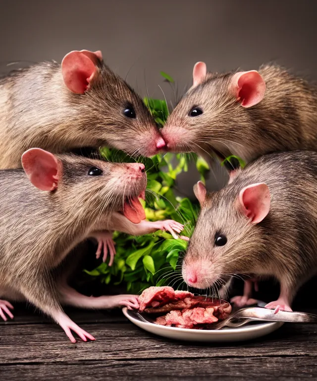 Image similar to high quality presentation photo of vicious anthropomorphic rats eating meat, photography 4k f1.8 anamorphic bokeh 4k Canon Nikon