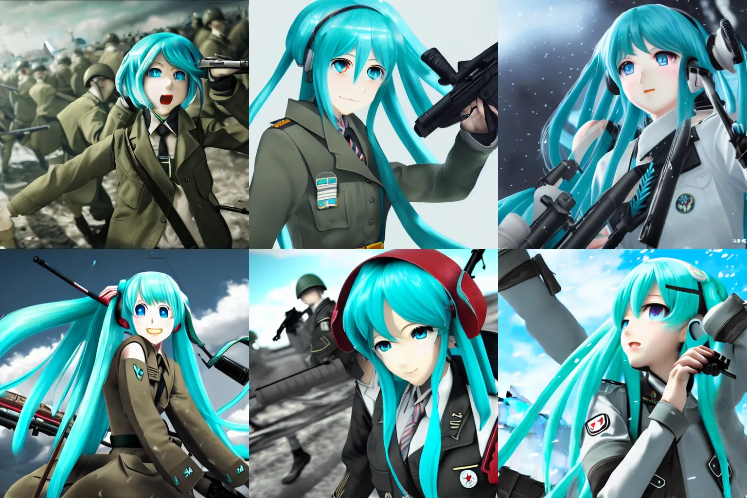 Prompt: Hatsune Miku in the WW2 Battle of Stalingrad frontlines, extremely detailed, 4k high resolution, pixiv