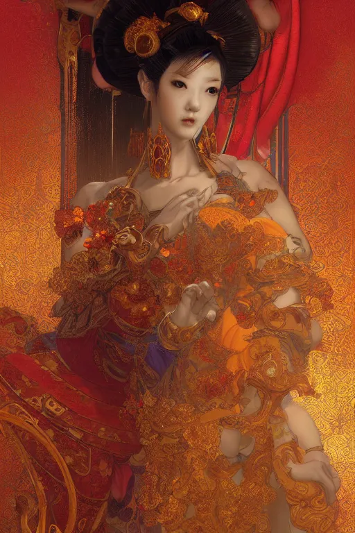 Image similar to tarot card artstation, portrait of a geisha love dancer, sunrise, baroque ornament and rococo ornament, ancient chinese ornate, hyperdetailed, beautiful lighting, craig mullins, mucha, klimt, yoshitaka amano, red and gold and orange color palette