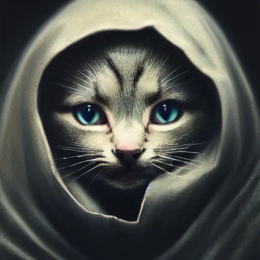 Image similar to a portrait of a kitten wearing a black hood, cloak covering face, anatomically correct, beautiful perfect face, enigmatic, oil painting, matte, black background, Volumetric dynamic lighting, Highly Detailed, Cinematic Lighting, Unreal Engine, 8k, HD, by Beksinski