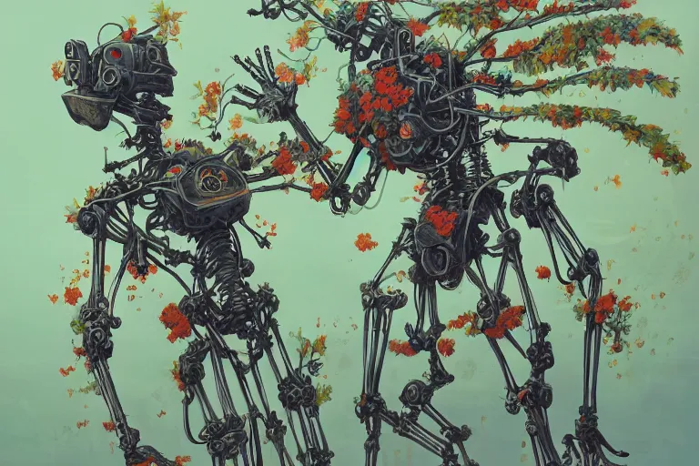 Image similar to 2 d gouache illustration, a lot of exotic vegetation, trees, tremendous skeletal robotic ancient gigantic robot, flowers, oldschool vintage sci - fi flat surreal design, super - detailed, painting by satoshi kon, hd, 4 k, high quality