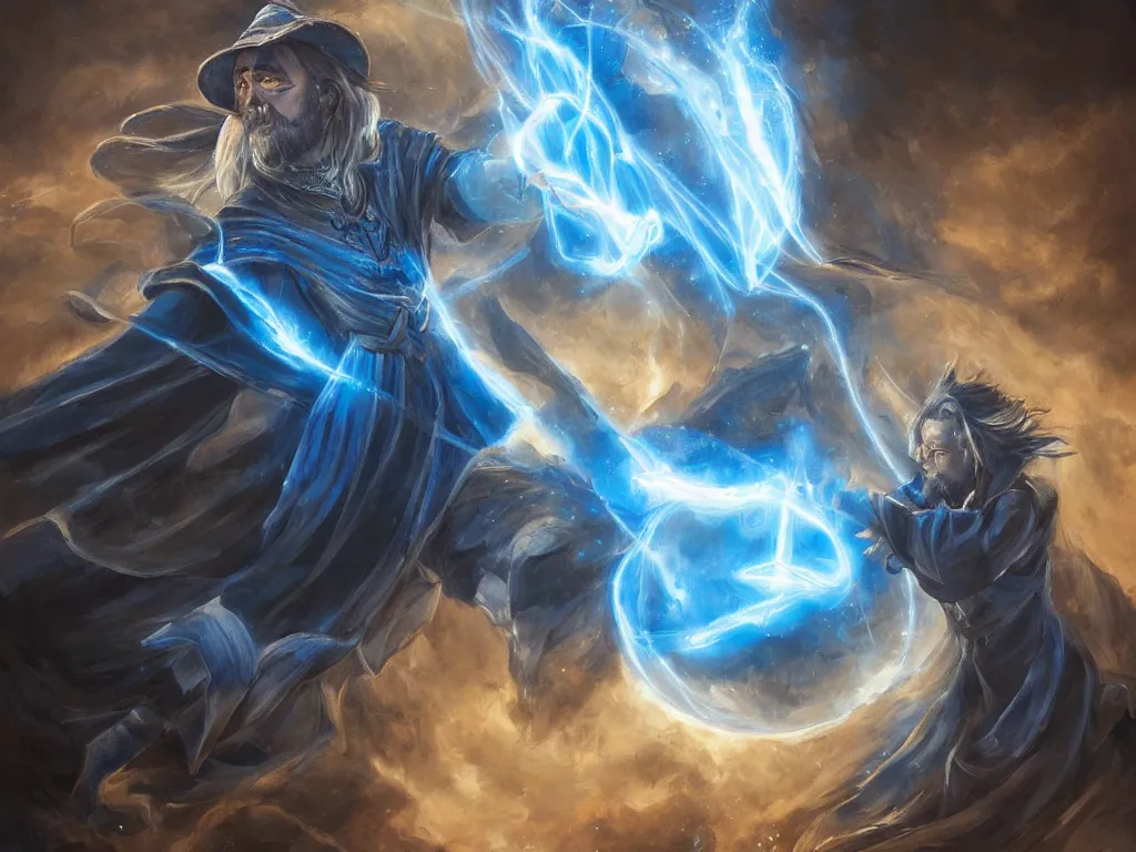 Prompt: Fantasy art of a wizard casting a blue spell that makes their opponent's spells vanish into aether. Award winning, high detail, original artwork, dramatic lighting