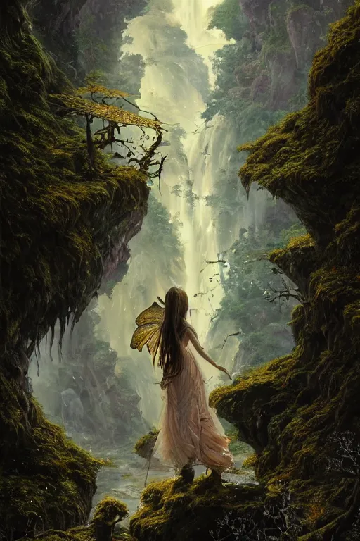 Prompt: detailed intricate digital illustration by greg rutkowski and david friedrich and ruan jia and fenghua zhong and steven belledi ; portrait of fairy girl standing in gothic fantasy valley and waterfall faerie fey unseelie in background ; 1 3 mm film, arri alfa anamorphic lens ; sharp focus, golden hour, fireflies ; trending on artstation 8 k closeup