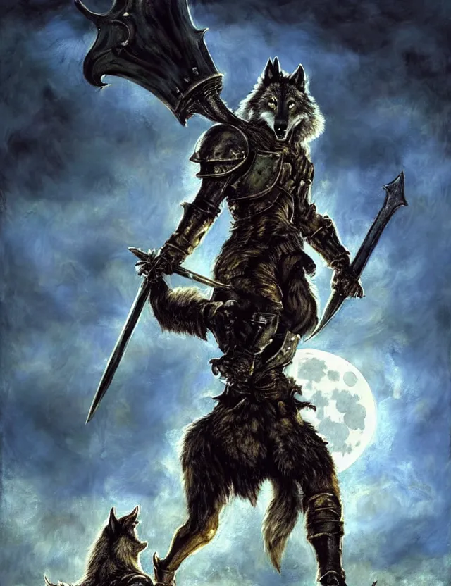 Prompt: a bipedal wolf that is wearing full iron plate armor, and holding a colossal sword, over his shoulder, as a matte oil painting and d & d character art, by jackson pollock, standing, fullbody, fluffy tail, full moon, cumulus clouds, award - winning, extremely detailed, sharp focus