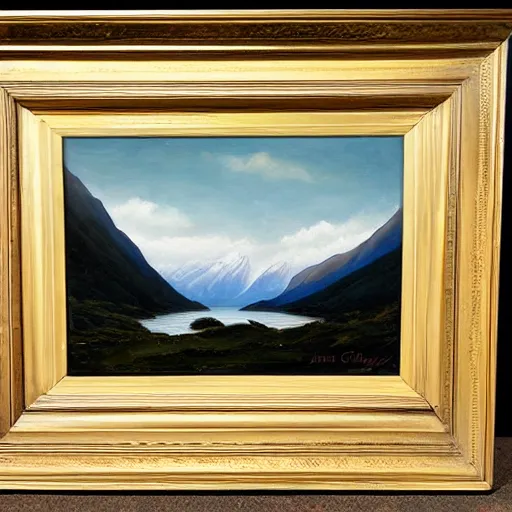 Image similar to John Gully romantic landscape painting of fiordland.